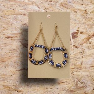 NAVY/WHITE BRAIDED CORD GOLD CHAIN DANGLE UNIQUE HOOK EARRINGS DENIM FESTIVAL